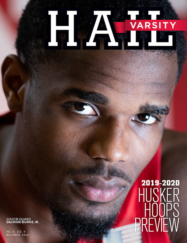 Hail Varsity magazine cover from Nov. 2019 with Husker football player Dachon Burke Jr.