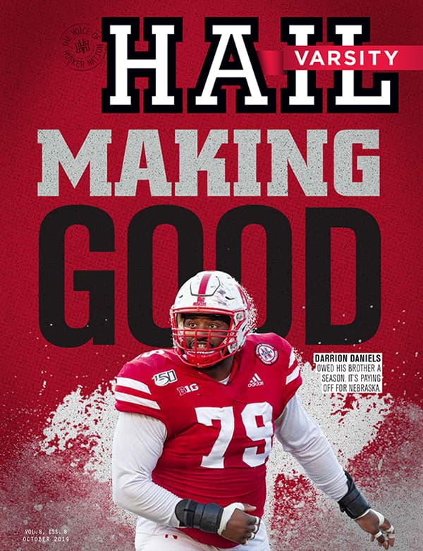 Hail Varsity magazine cover from Oct. 2019 with Husker football player Darrion Daniels