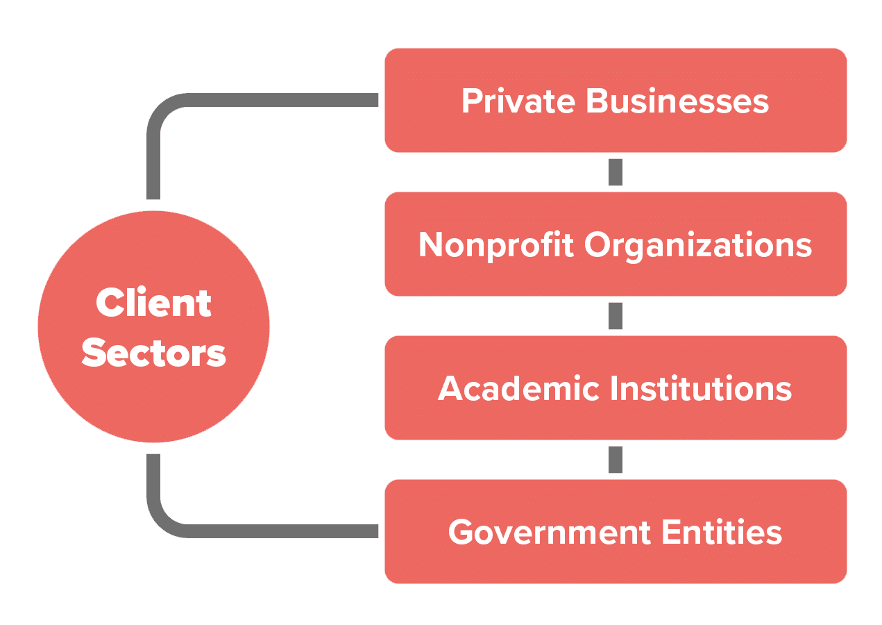 Graphic of Lukas Partners, a Hurrdat Company's client sectors, including Private Businesses, Nonprofit Organizations, Acaedmic Institutions, and Government Entities